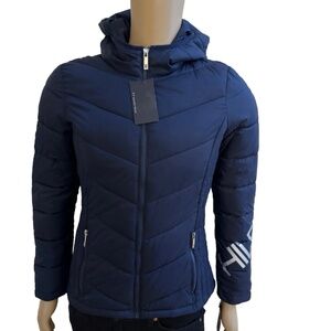 Women Tommy Hilfiger Logo Hooded Chevron Packable Quilted Jacket Navy Small S